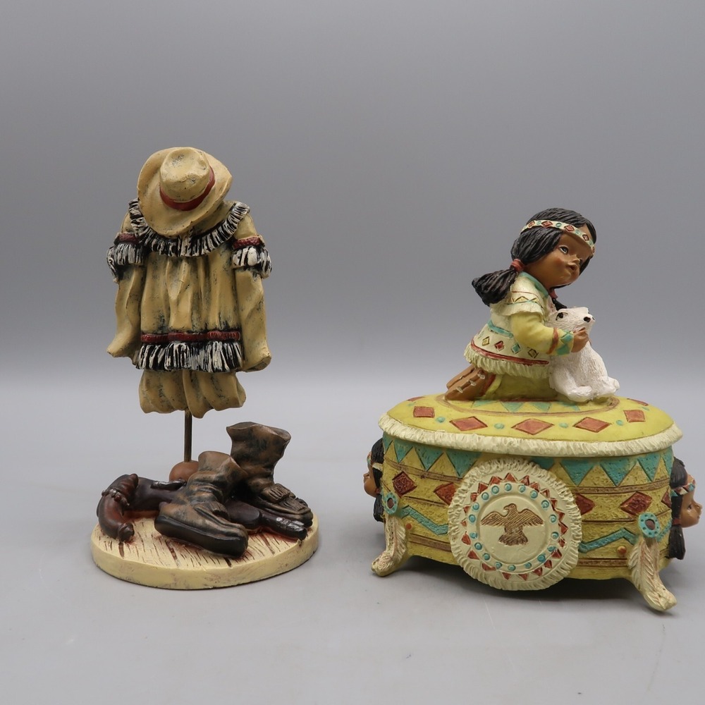 Vintage Hand Painted Cast Native American Trinket Box & Art Statue Collectible